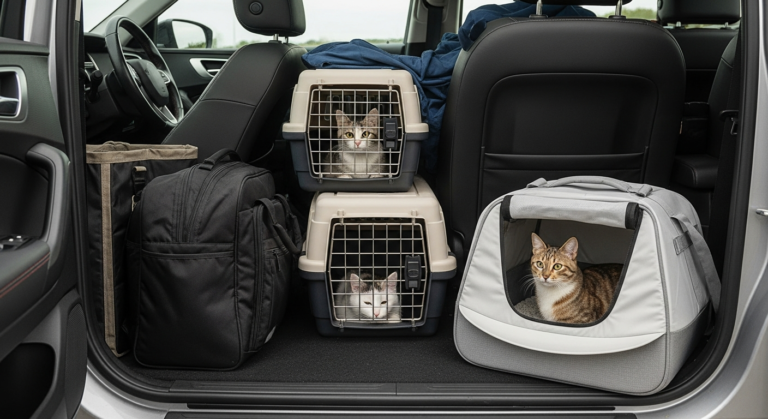 A cat using a soft sided travel litter box in a car, demonstrating convenience for pet travel.