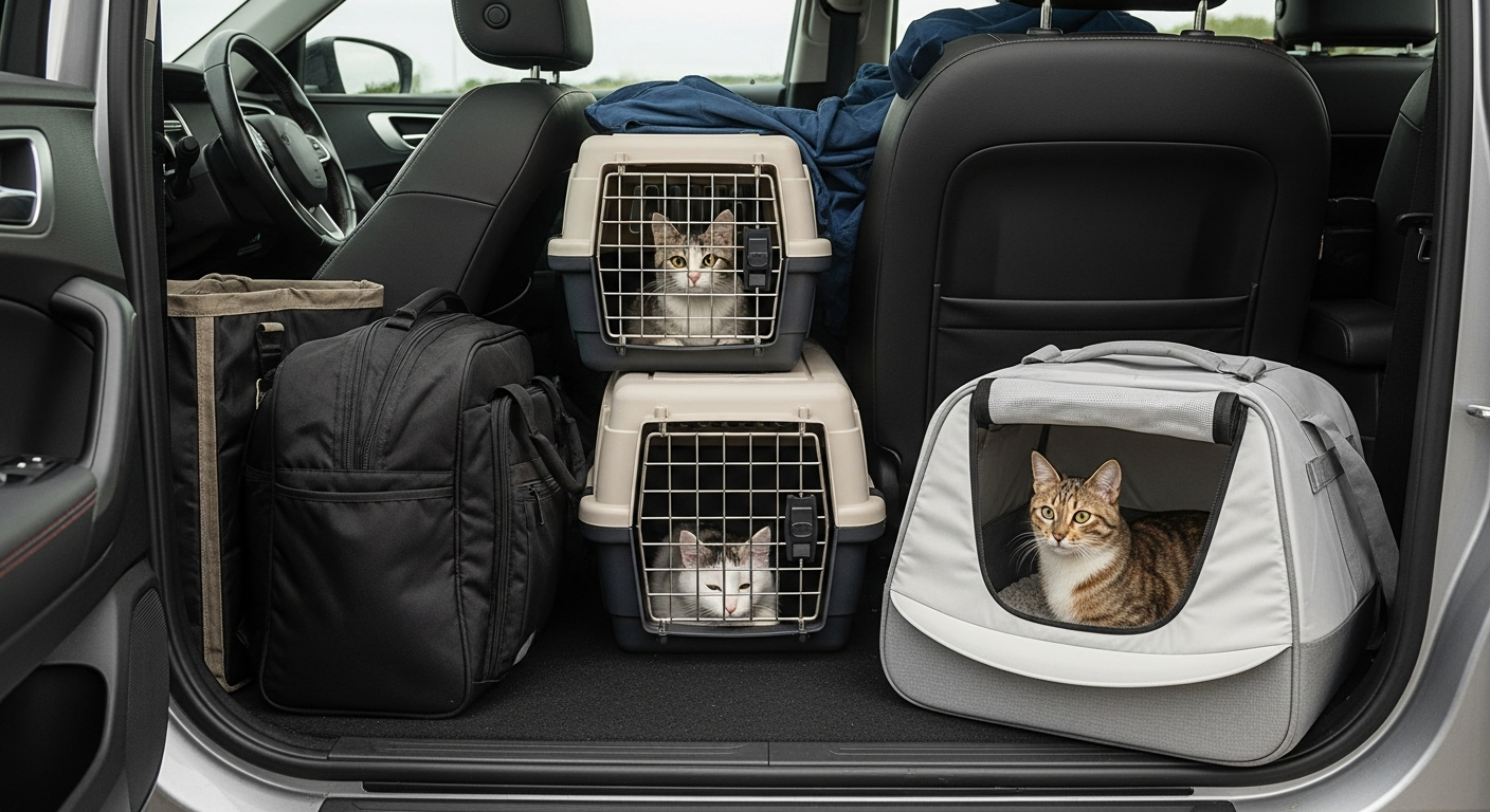 A cat using a soft sided travel litter box in a car, demonstrating convenience for pet travel. A cat using a soft sided travel litter box in a car, demonstrating convenience for pet travel.