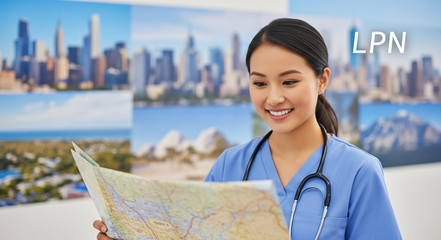 A diverse LPN nurse happily planning her next assignment on a map, surrounded by images of travel destinations.