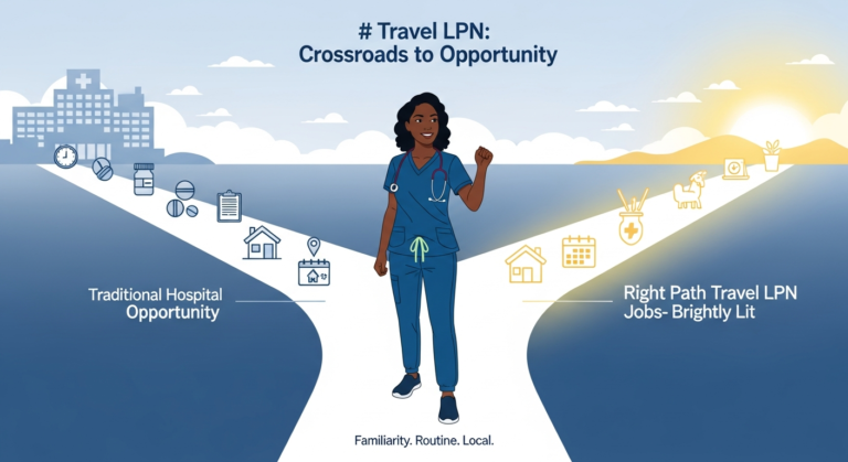 An infographic illustrating a diverse LPN choosing between a traditional nursing role and a travel LPN career, highlighting benefits like travel and higher pay.