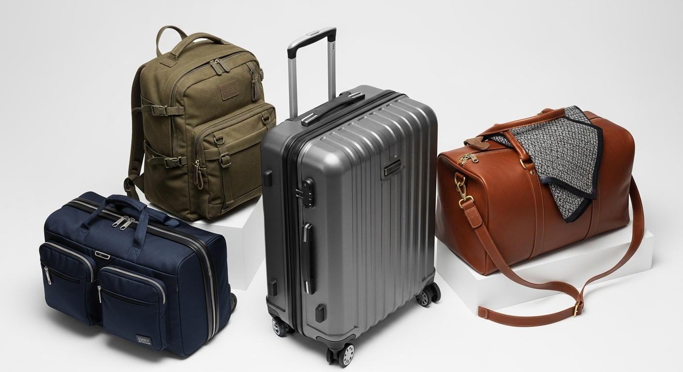 A collection of diverse travel luggage, including hardside and softside suitcases, a travel backpack, and a duffel bag, arranged neatly on a clean background.