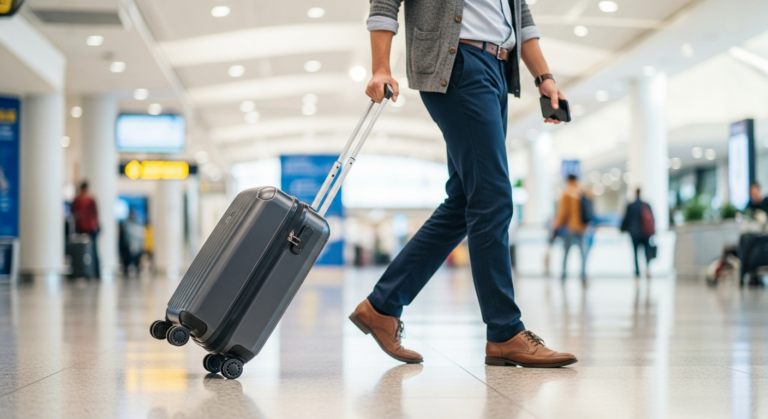 A traveler confidently walks through an airport, easily pulling a modern, four-wheeled spinner suitcase, demonstrating effortless navigation and the convenience of good luggage.