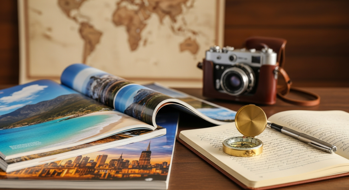 A collection of colorful travel magazines neatly stacked on a wooden table, with maps and a camera nearby, symbolizing travel planning and inspiration. A collection of colorful travel magazines neatly stacked on a wooden table, with maps and a camera nearby, symbolizing travel planning and inspiration.