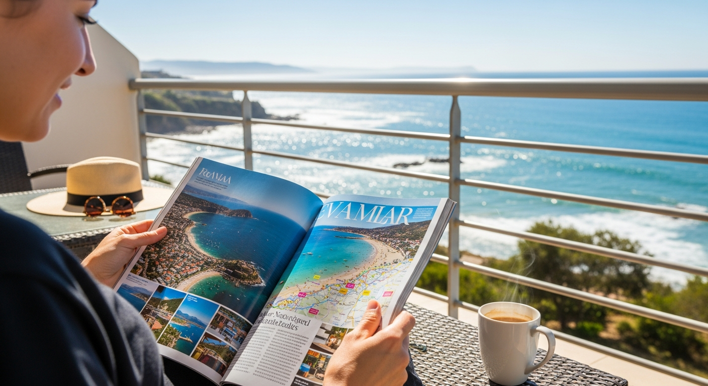 A person reading a travel magazine on a balcony with a beautiful ocean view, enjoying a moment of relaxation and travel dreaming. A person reading a travel magazine on a balcony with a beautiful ocean view, enjoying a moment of relaxation and travel dreaming.