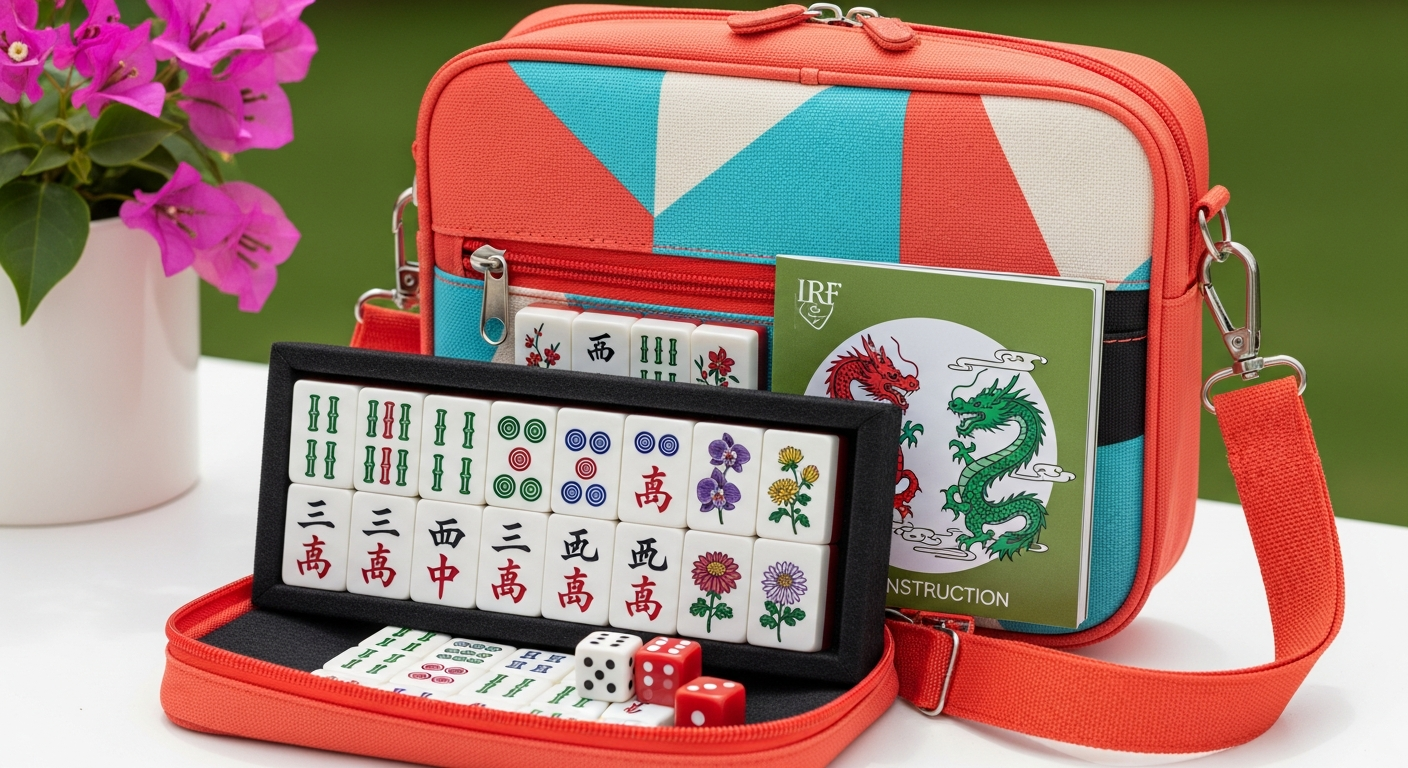 Compact travel mahjong set with colorful tiles neatly arranged on a travel case, showcasing its portable design. Compact travel mahjong set with colorful tiles neatly arranged on a travel case, showcasing its portable design.