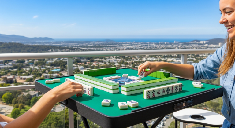 Person enjoying a game of mahjong with a travel set on a small, foldable table in a beautiful outdoor setting, highlighting leisure and portability.