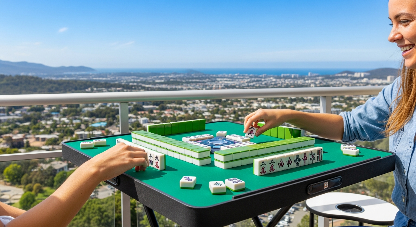 Person enjoying a game of mahjong with a travel set on a small, foldable table in a beautiful outdoor setting, highlighting leisure and portability. Person enjoying a game of mahjong with a travel set on a small, foldable table in a beautiful outdoor setting, highlighting leisure and portability.