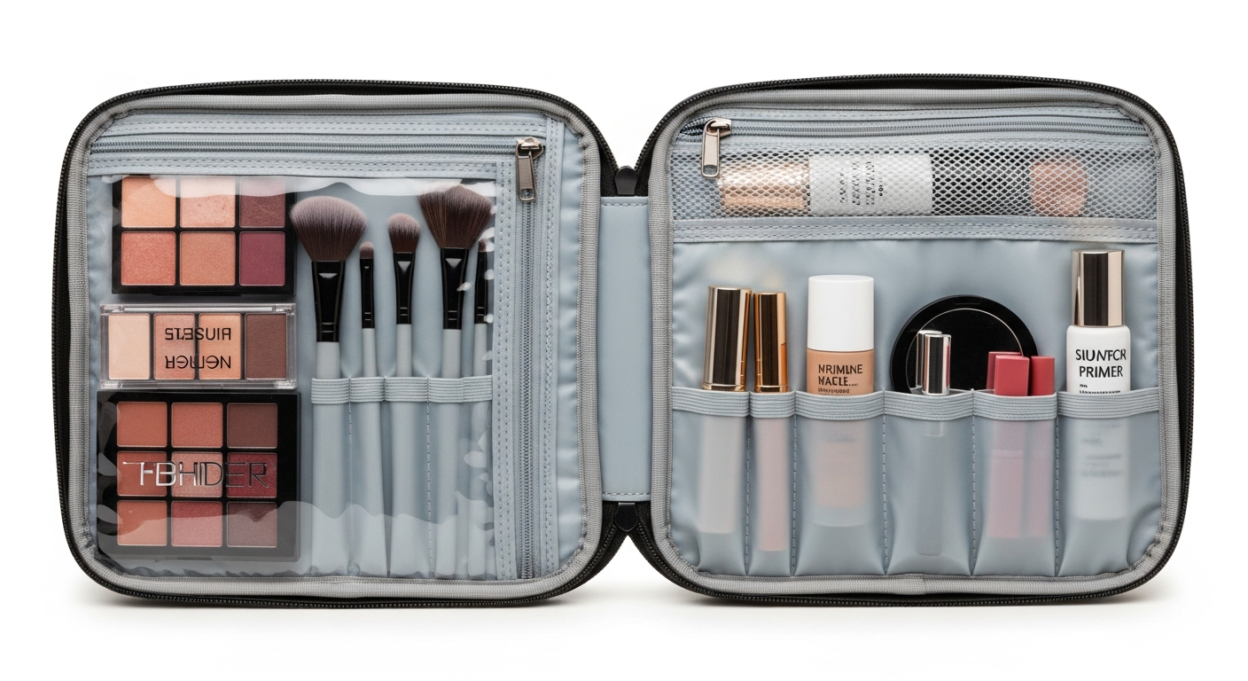 An open travel makeup bag revealing organized compartments filled with neatly arranged makeup products, including brushes, compacts, and lipsticks, ready for a trip.