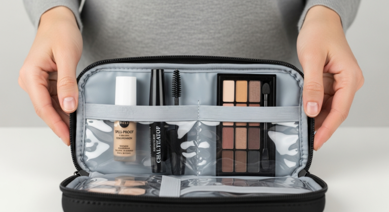 A close-up of hands efficiently packing travel-sized makeup items into a compact, well-designed travel makeup bag with clear pockets and elastic loops.