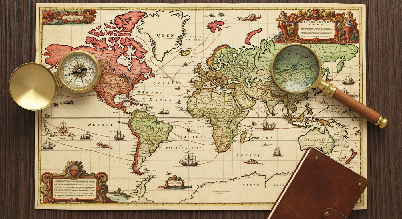 Vintage world map with travel accessories, symbolizing classic adventure planning. Vintage world map with travel accessories, symbolizing classic adventure planning.