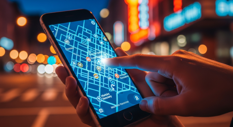 Digital travel map on a smartphone showing a city route, representing modern navigation.