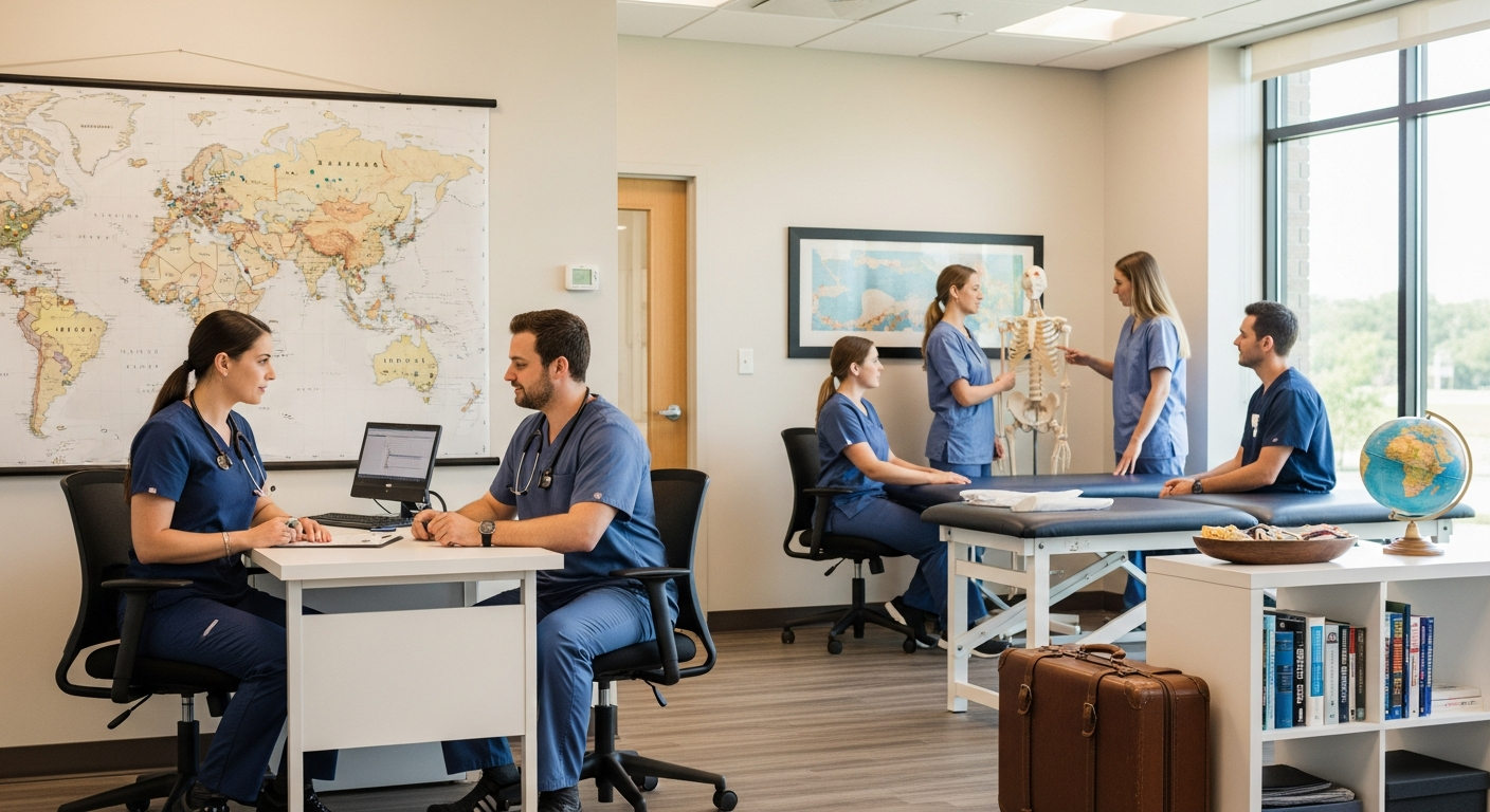 Medical assistants collaborating in a modern clinic, representing the diverse and mobile nature of travel healthcare roles. Medical assistants collaborating in a modern clinic, representing the diverse and mobile nature of travel healthcare roles.