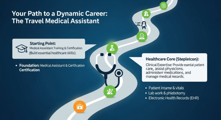 Infographic illustrating the career path of a travel medical assistant, highlighting travel, earnings, and professional growth.