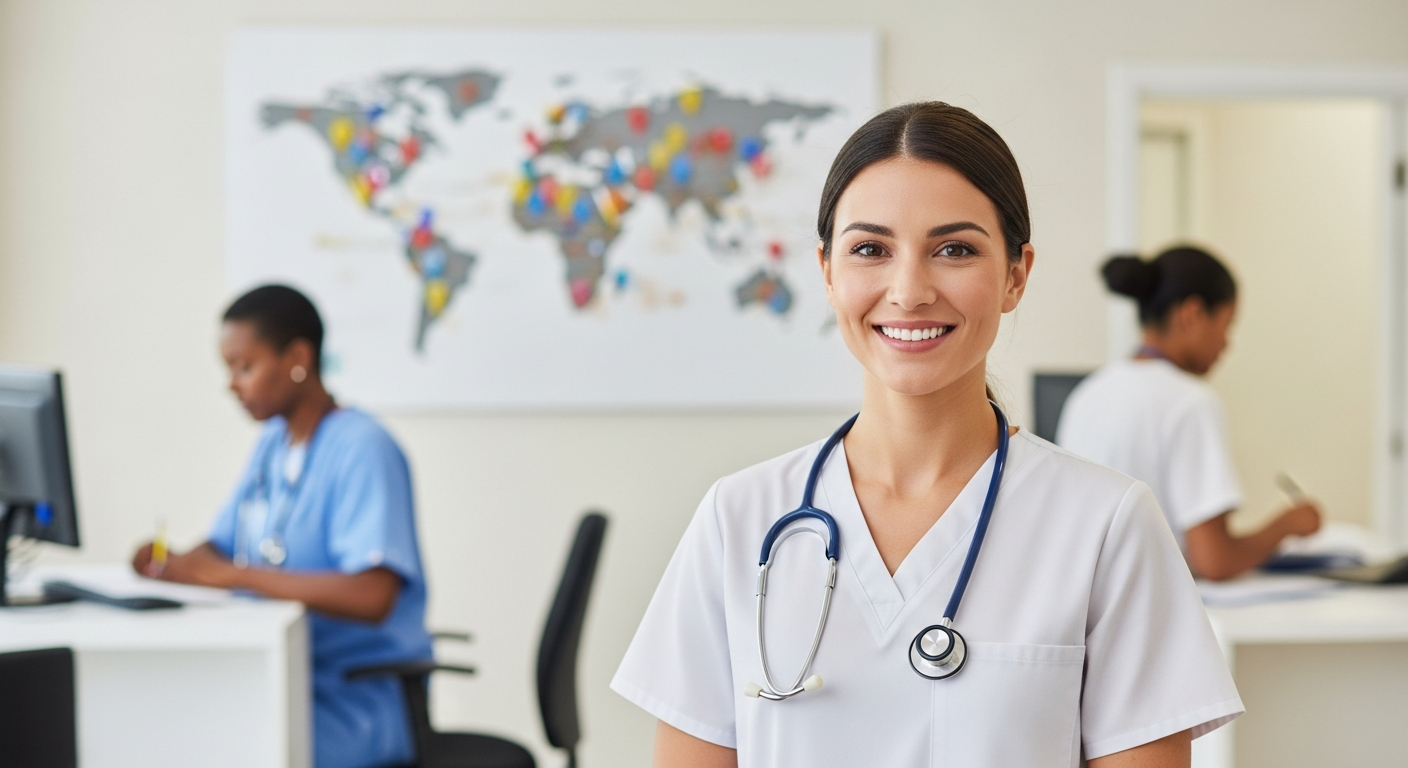 A smiling medical assistant in scrubs with a map background, symbolizing travel and diverse job locations. A smiling medical assistant in scrubs with a map background, symbolizing travel and diverse job locations.