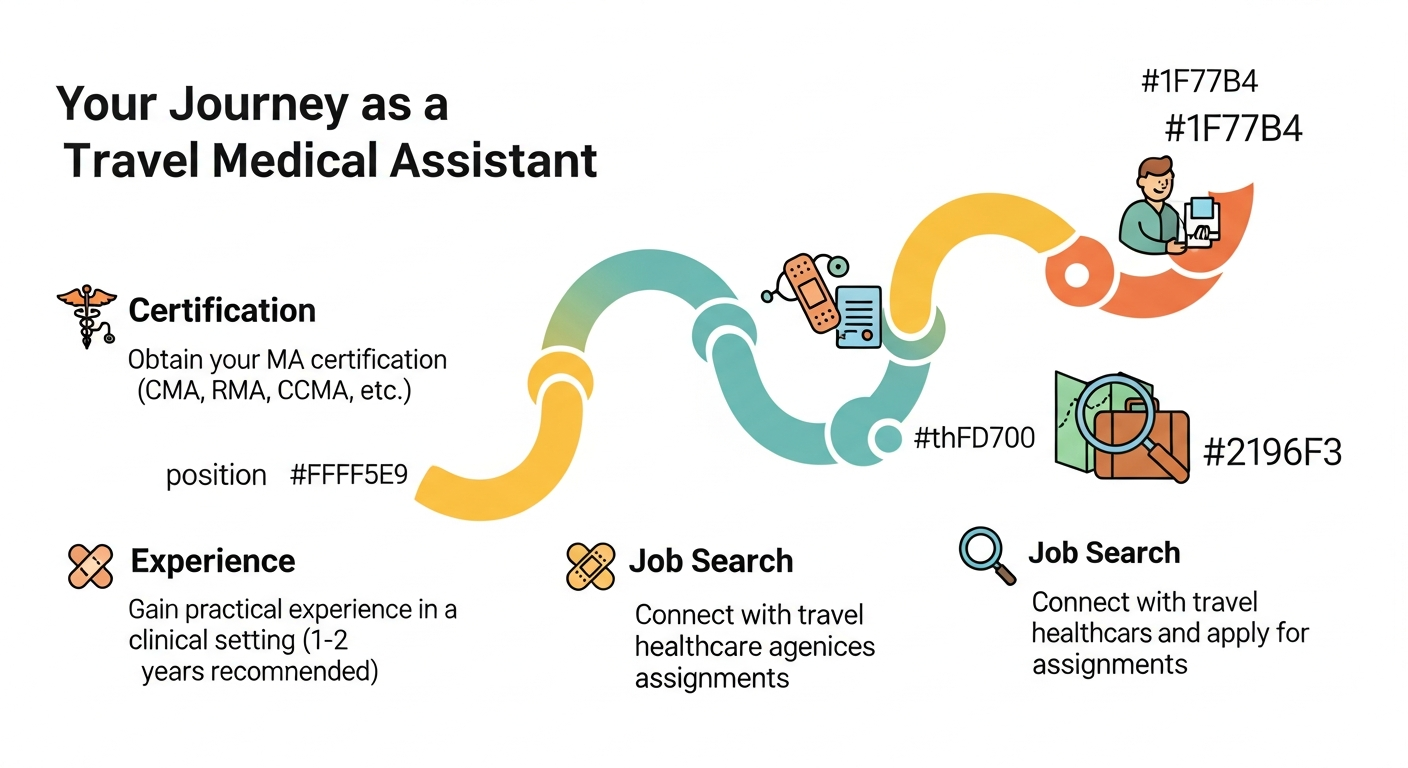 Infographic illustrating the career path of a travel medical assistant, from certification to new assignments. Infographic illustrating the career path of a travel medical assistant, from certification to new assignments.