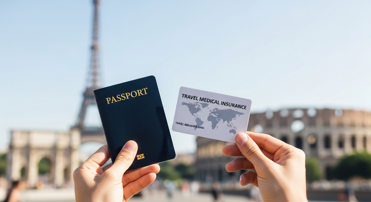 Traveler holding a travel medical insurance card and passport with international landmarks in the background, symbolizing global health protection.