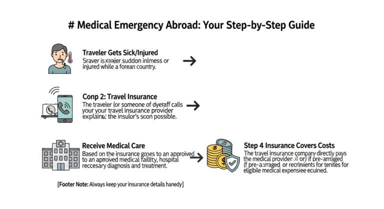 Infographic illustrating the process of using travel medical insurance during a medical emergency abroad, showing steps from illness to coverage.