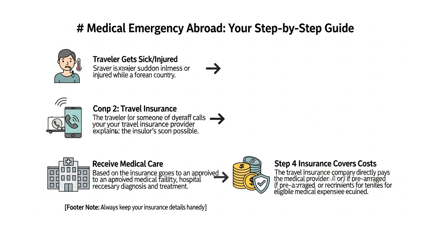 Infographic illustrating the process of using travel medical insurance during a medical emergency abroad, showing steps from illness to coverage.