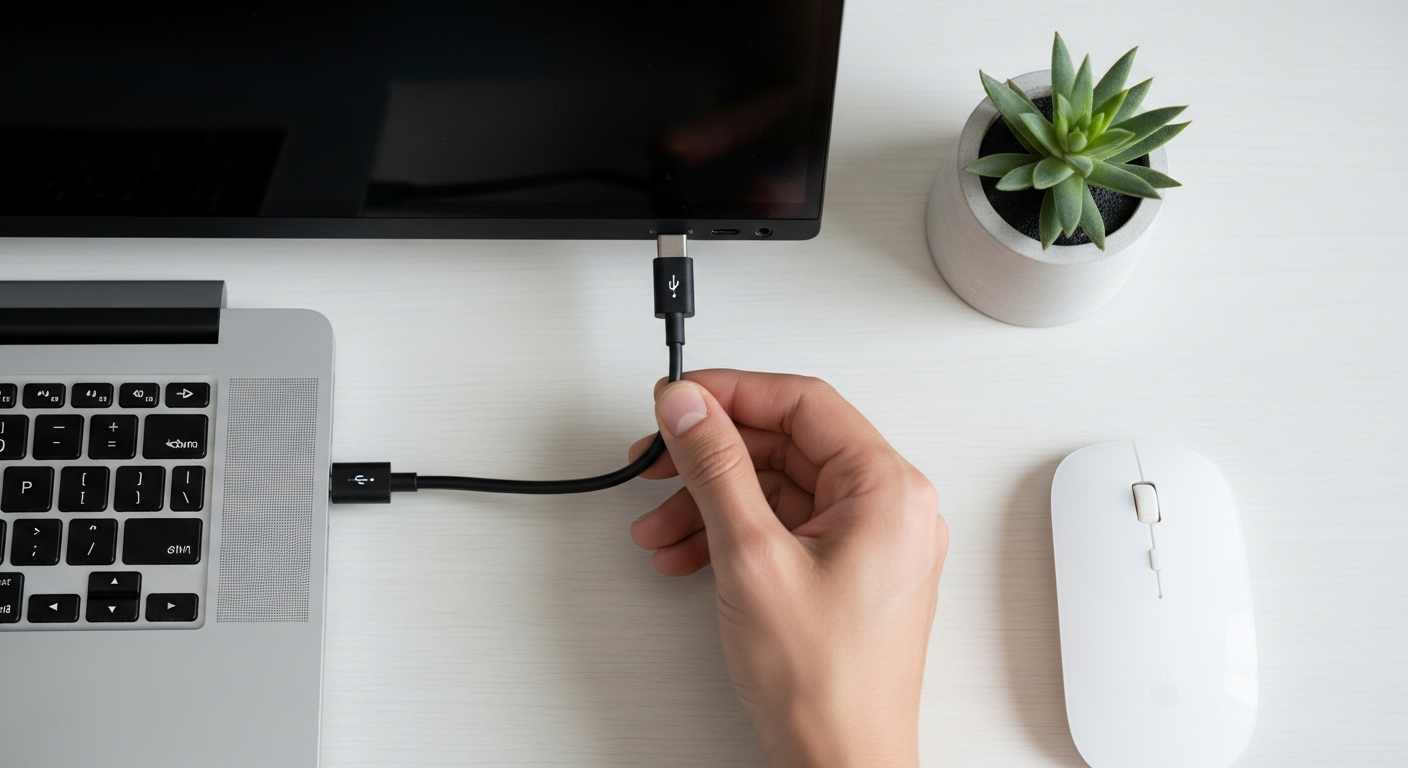 Close-up of a hand connecting a USB-C cable to a travel monitor and laptop, illustrating simple setup. Close-up of a hand connecting a USB-C cable to a travel monitor and laptop, illustrating simple setup.