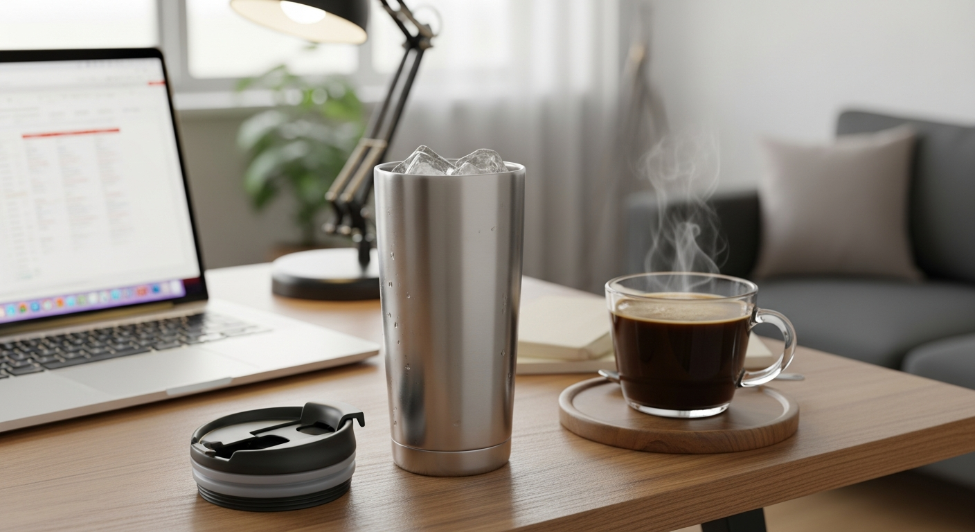 A high-quality stainless steel travel mug on a desk, ready for use during work or commute.