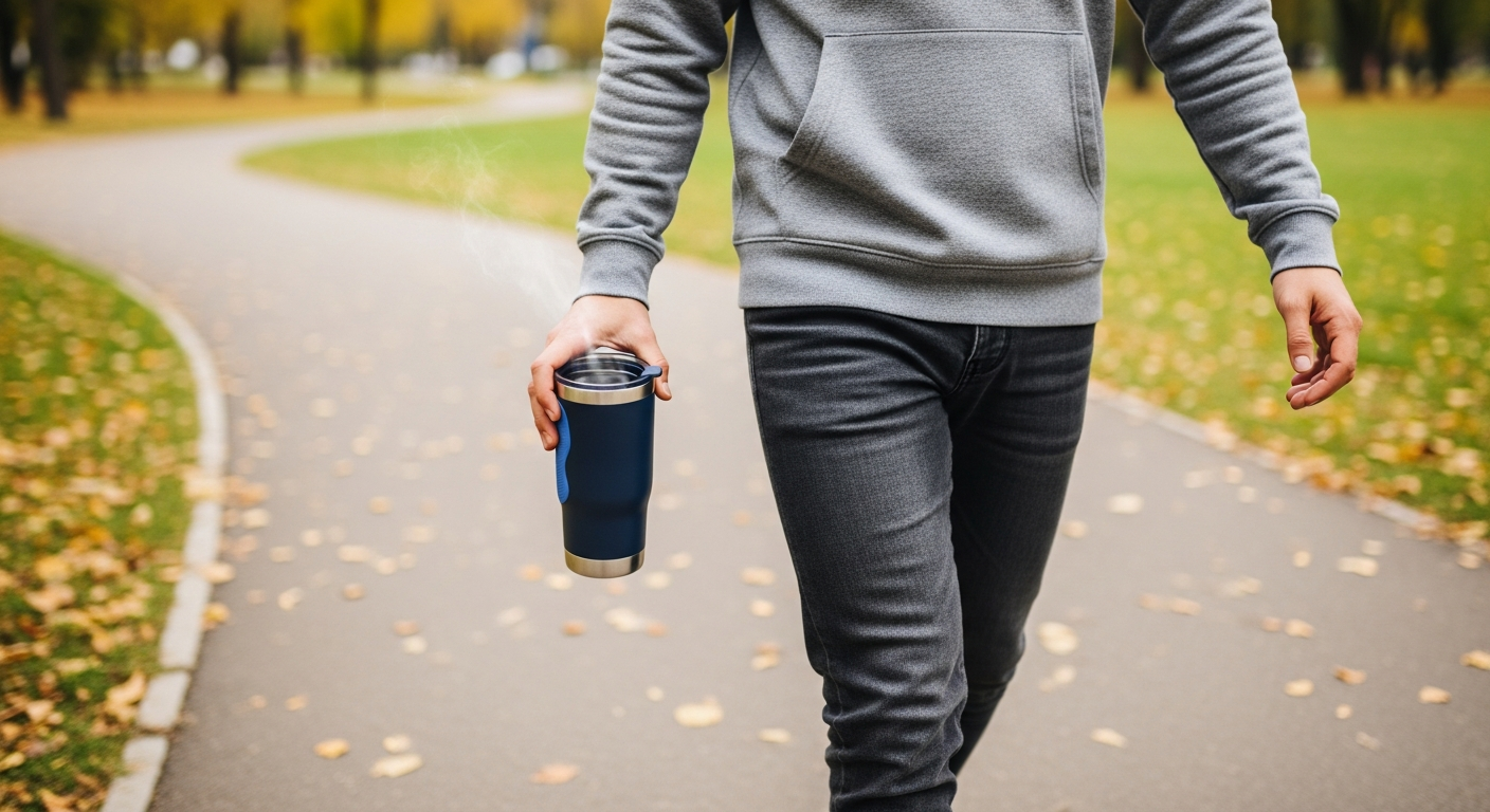 A person enjoying a beverage from their travel mug while strolling through an urban park.