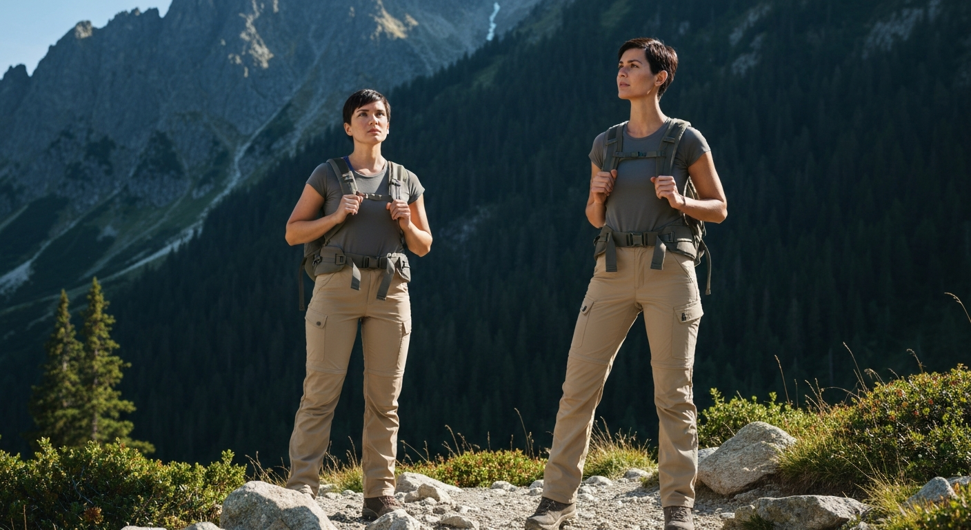 Woman in neutral colored travel pants on a mountain trail, looking adventurous. Woman in neutral colored travel pants on a mountain trail, looking adventurous.