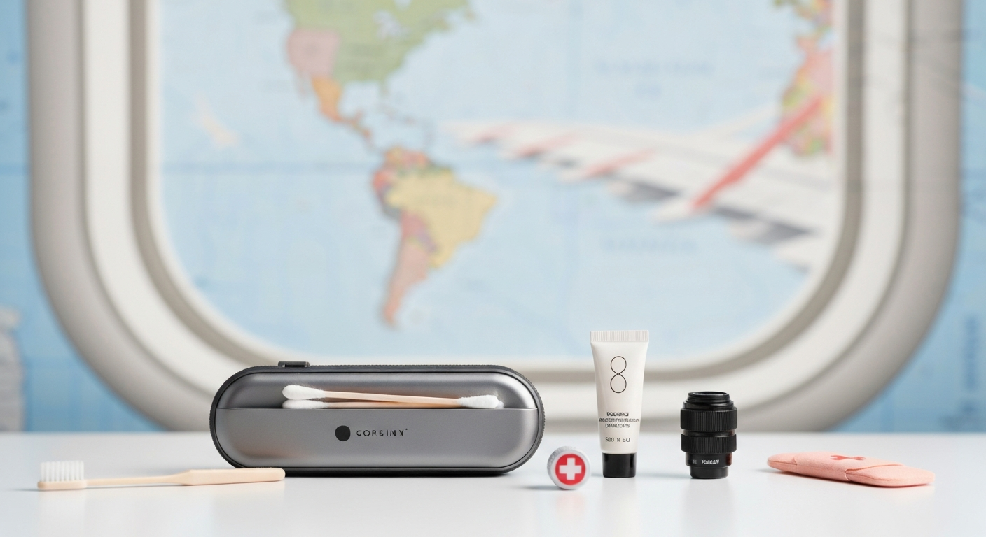 Travel kit with cotton swabs and other miniature essentials, showing organized packing.