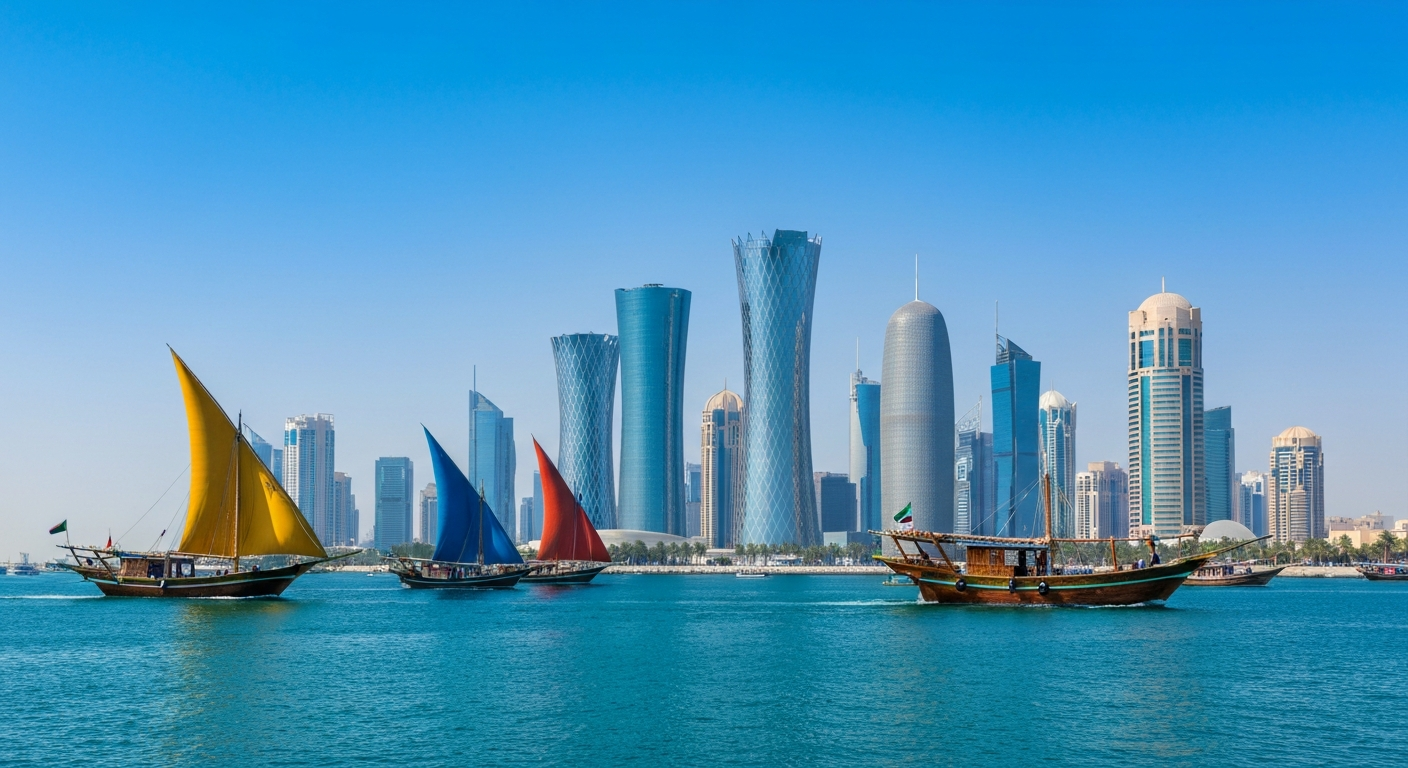 Doha skyline with traditional dhow boats and modern skyscrapers, representing the blend of old and new in Qatar.