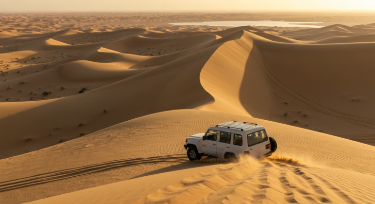 A thrilling desert safari with a 4x4 vehicle driving over sand dunes in the Qatari desert, showcasing adventure travel.