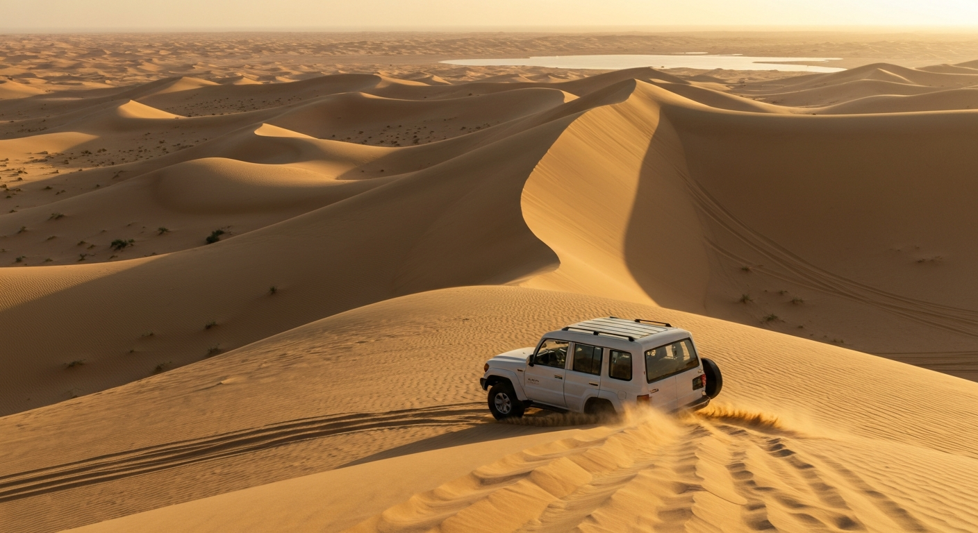 A thrilling desert safari with a 4x4 vehicle driving over sand dunes in the Qatari desert, showcasing adventure travel.