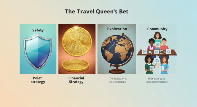 An infographic illustrating key components of the Travel Queen's Bet: safety, financial strategy, global exploration, and community among women travelers.
