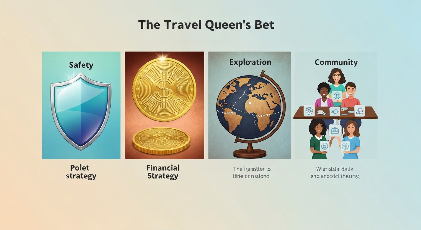 An infographic illustrating key components of the Travel Queen's Bet: safety, financial strategy, global exploration, and community among women travelers. An infographic illustrating key components of the Travel Queen's Bet: safety, financial strategy, global exploration, and community among women travelers.