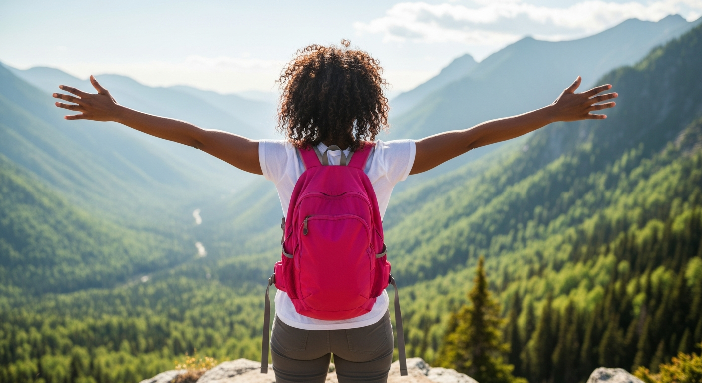 Empowered woman traveler enjoying a panoramic mountain view, symbolizing the freedom and adventure of a travel queen.