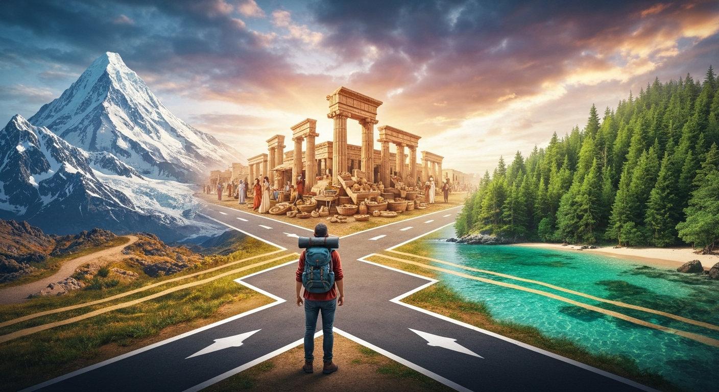 Traveler at a crossroads, contemplating paths to mountains, markets, beaches, and forests, symbolizing diverse travel quests and new adventures.