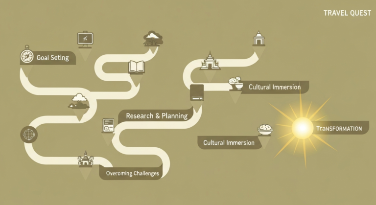 Infographic showing the stages of a travel quest, from goal setting to personal growth and transformation, with icons for different quest types.