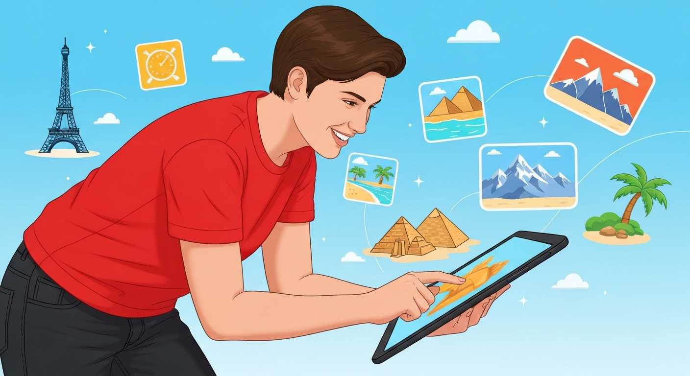 Person taking a travel quiz on a tablet with destination icons floating around, symbolizing personalized travel discovery. Person taking a travel quiz on a tablet with destination icons floating around, symbolizing personalized travel discovery.