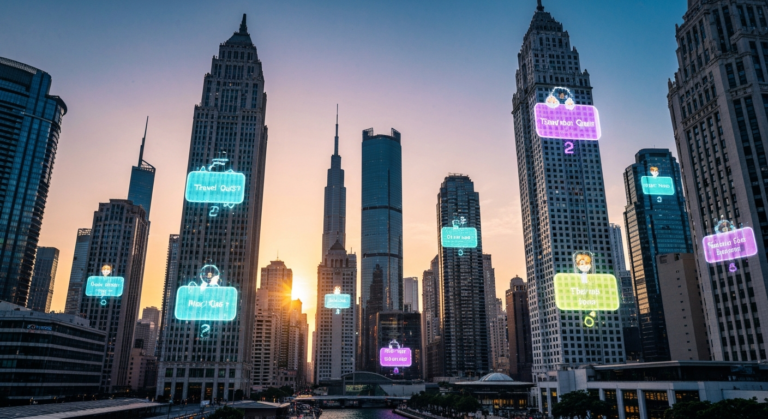 Futuristic city skyline at sunset with holographic travel quiz questions projected onto buildings, representing advanced personalized travel experiences.