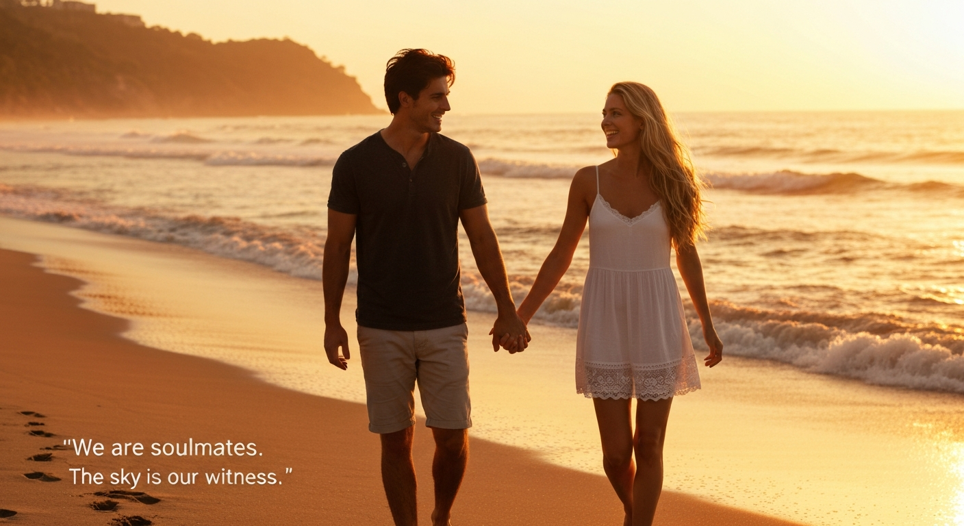 Romantic couple walking hand-in-hand on a beach at sunset, symbolizing love and shared journeys.