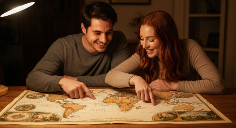Couple happily planning future trips together, pointing at a world map, representing shared dreams and wanderlust.