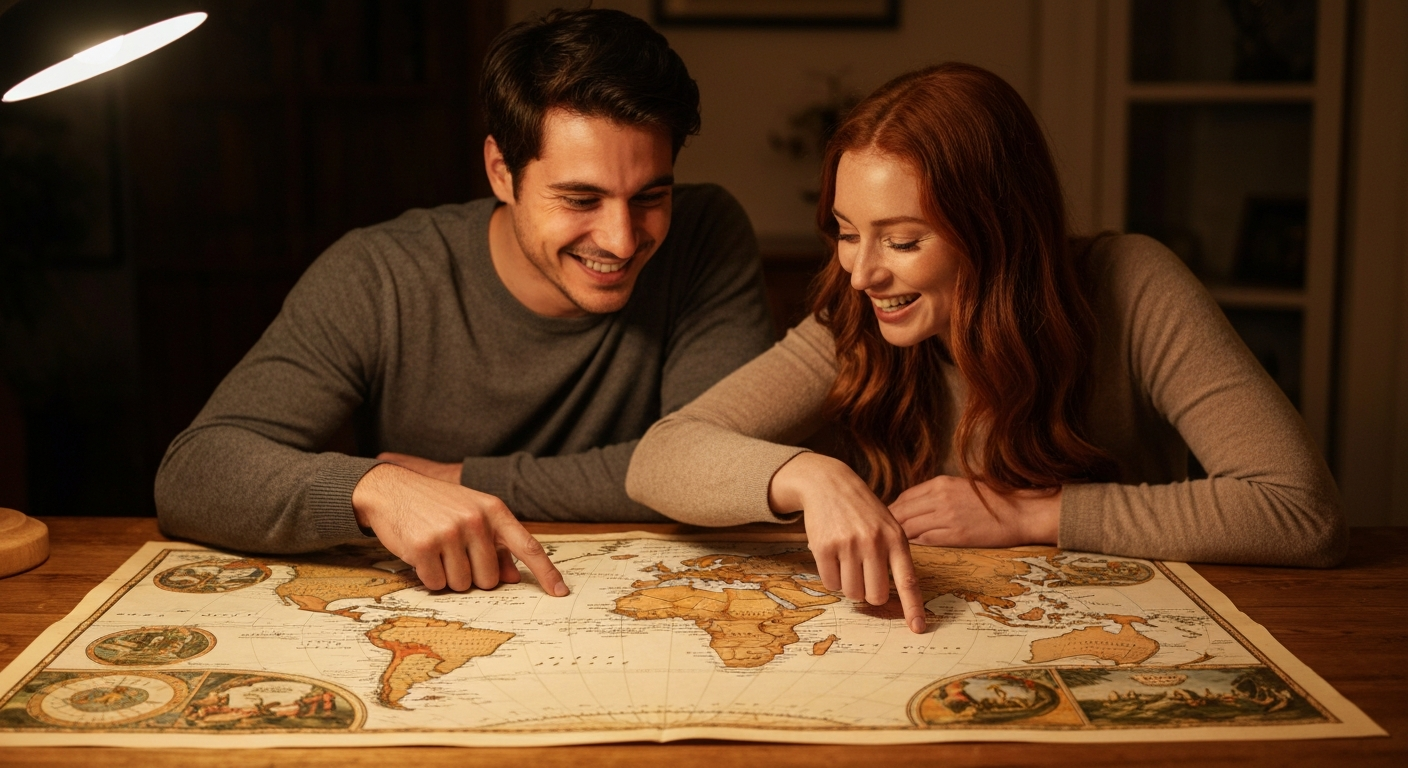 Couple happily planning future trips together, pointing at a world map, representing shared dreams and wanderlust.