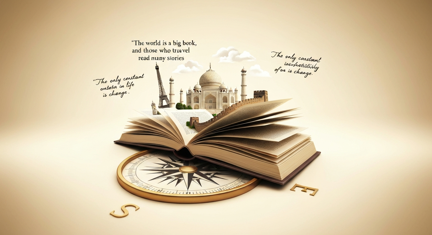 A visually rich illustration symbolizing the power of travel quotes, featuring a compass and world map, with quotes inspiring adventure and discovery.