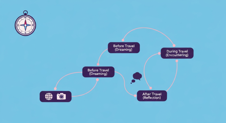 An infographic illustrating the three stages of travel—dreaming, experiencing, and reflecting—each enhanced by the motivational and insightful power of travel quotes.