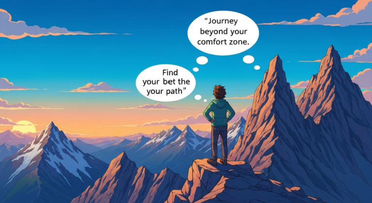 Conceptual illustration of a person on a mountain peak, with thought bubbles of short travel quotes, representing discovery and personal growth through travel.