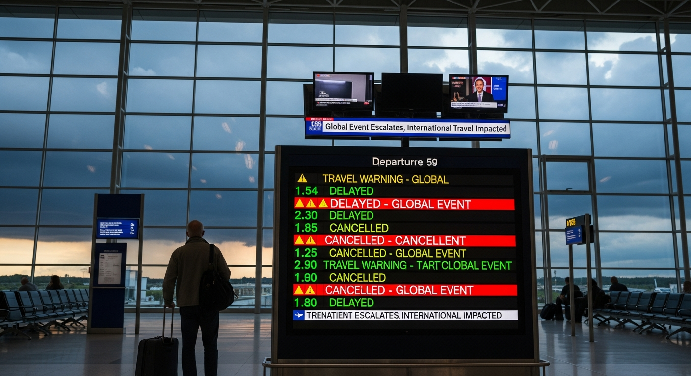 Traveler checking departure board with 'travel warning' alert.