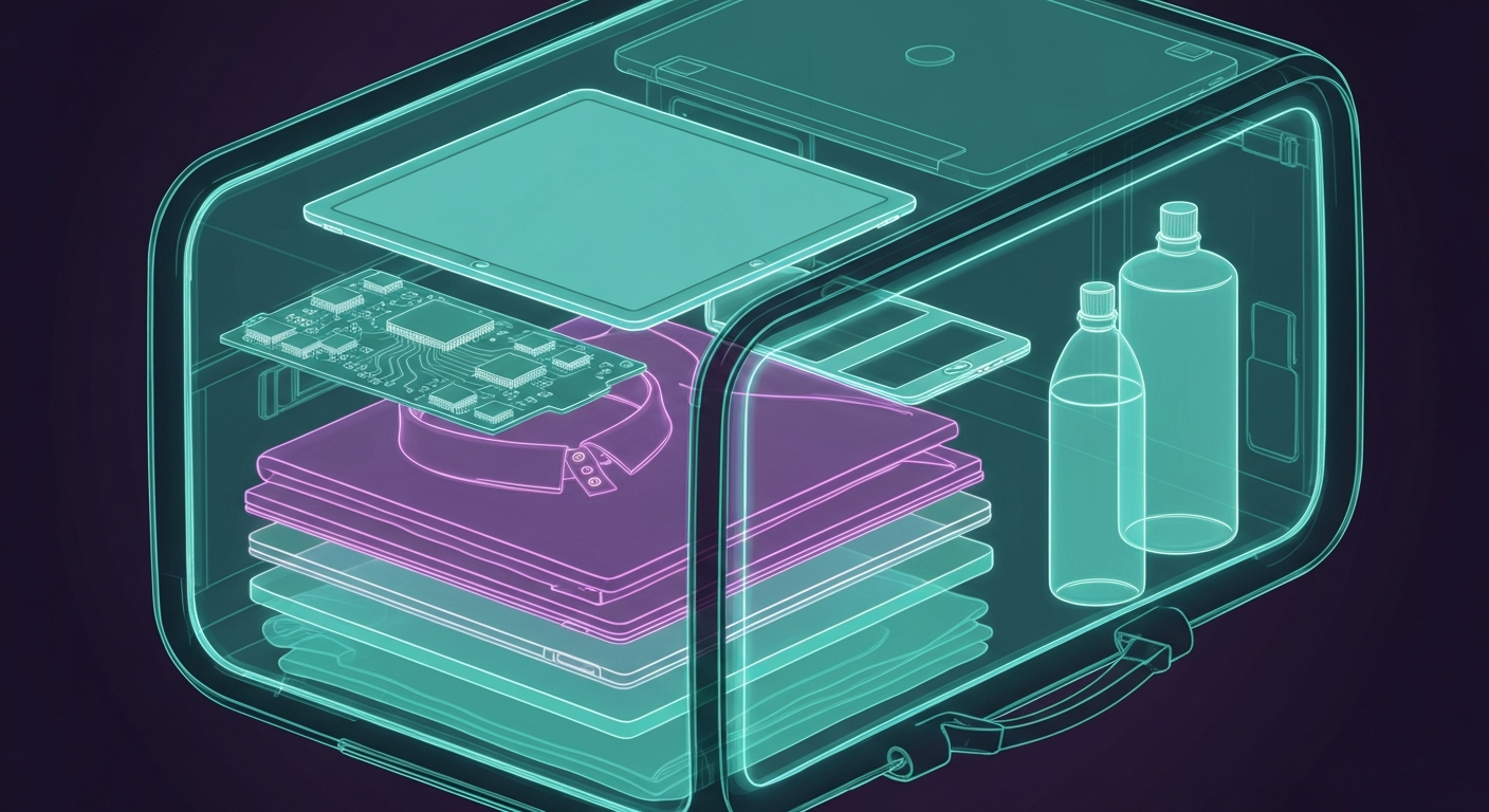 High-tech x-ray view of a suitcase revealing organized contents like electronics and clothing with vibrant, transparent layers.