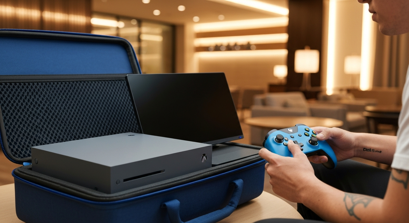 Xbox Series S and portable monitor set up for travel gaming in a hotel room