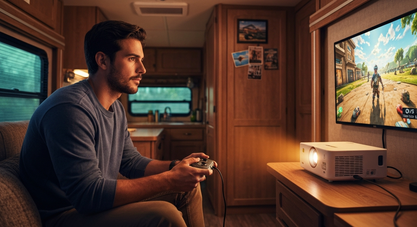 Gamer enjoying Xbox Series X with a portable projector in a travel trailer