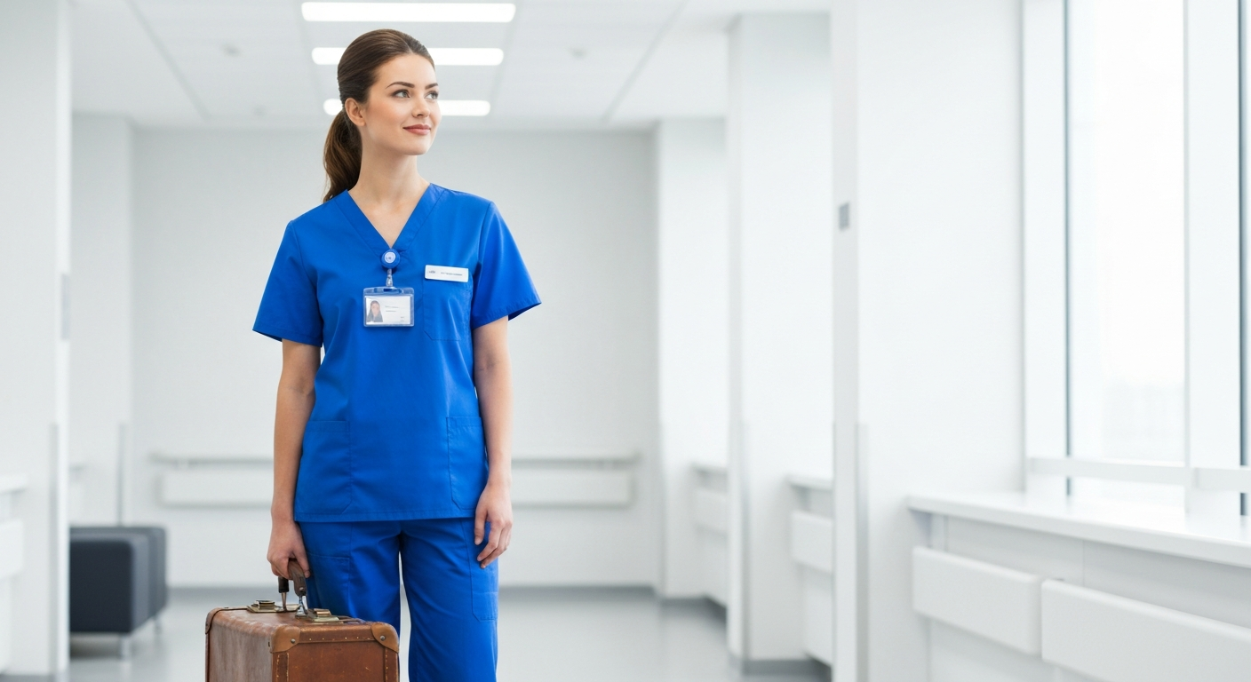 A professional X-ray technologist ready for travel, standing in a hospital corridor with luggage, symbolizing a mobile career path. A professional X-ray technologist ready for travel, standing in a hospital corridor with luggage, symbolizing a mobile career path.