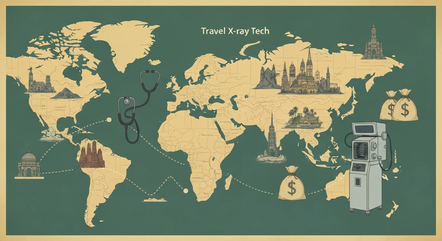 An infographic showing the career journey of a travel X-ray technologist, highlighting different locations, professional tools, and financial benefits. An infographic showing the career journey of a travel X-ray technologist, highlighting different locations, professional tools, and financial benefits.