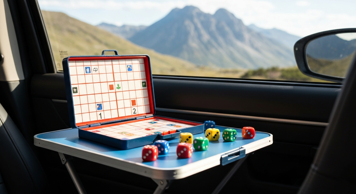 A vibrant travel Yahtzee game set displayed open on a table with dice, overlooking a picturesque mountain landscape from a vehicle.